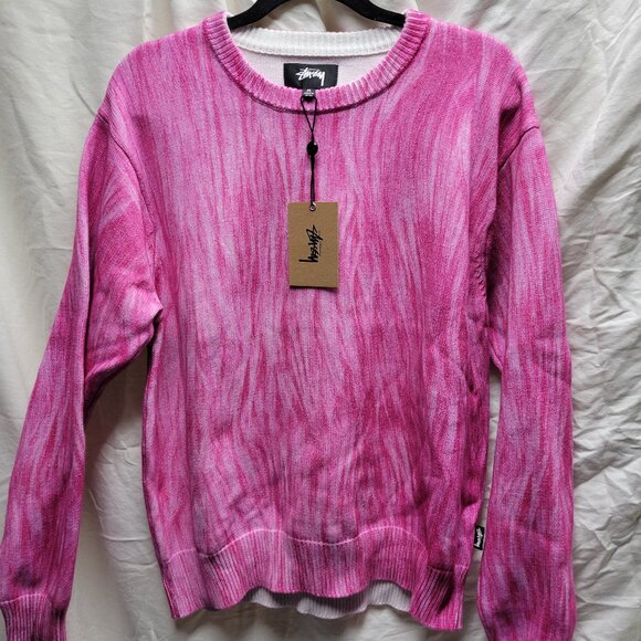 NWT Stussy Fuchsia Pink and White Abstract Knit Sweater - Medium